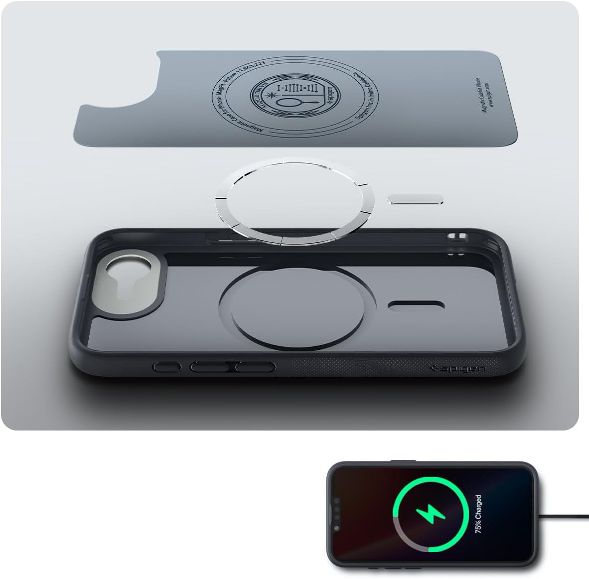 Handyhülle für iPhone 17e / 16e, Spigen Nano Pop Mag mit MagSafe, Schwarz-Grau