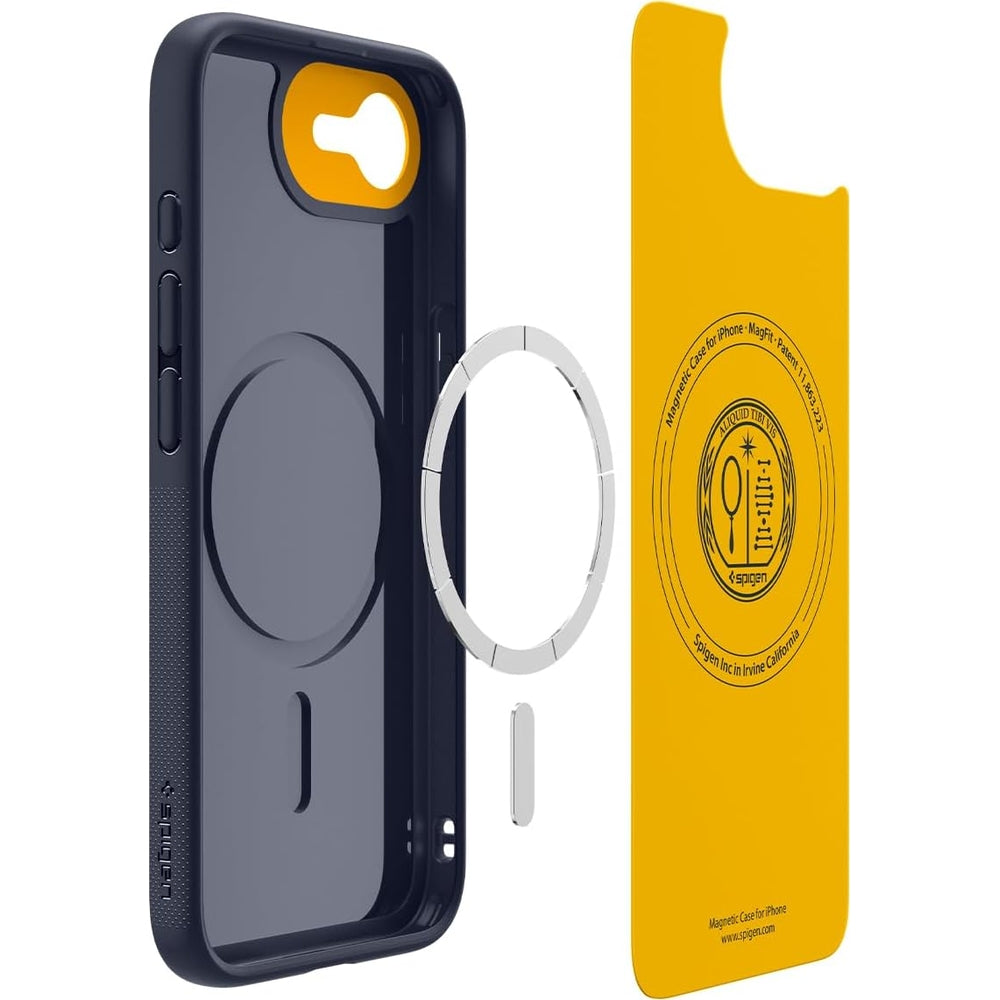 Handyhülle für iPhone 17e / 16e, Spigen Nano Pop Mag mit MagSafe, Dunkelblau und Gelb