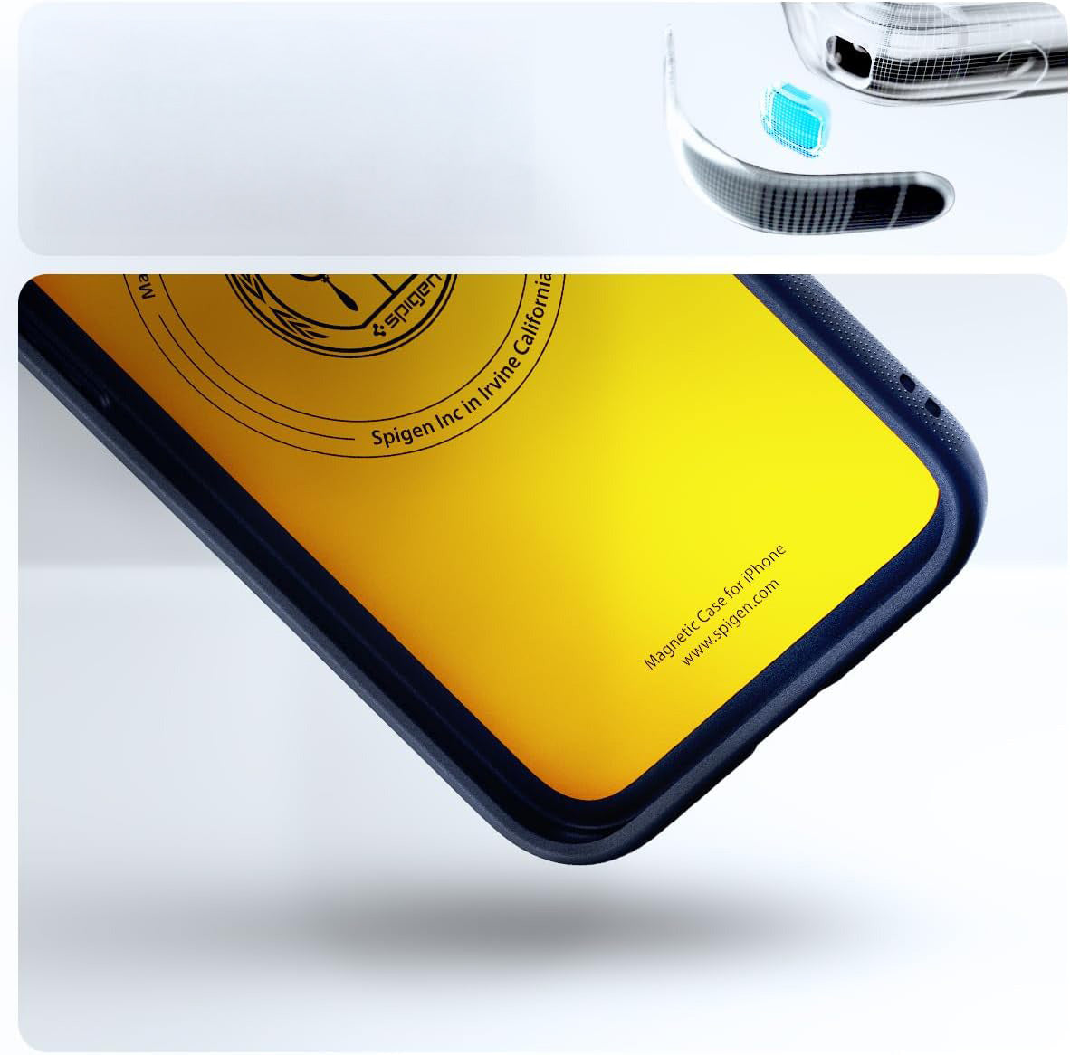 Handyhülle für iPhone 17e / 16e, Spigen Nano Pop Mag mit MagSafe, Dunkelblau und Gelb