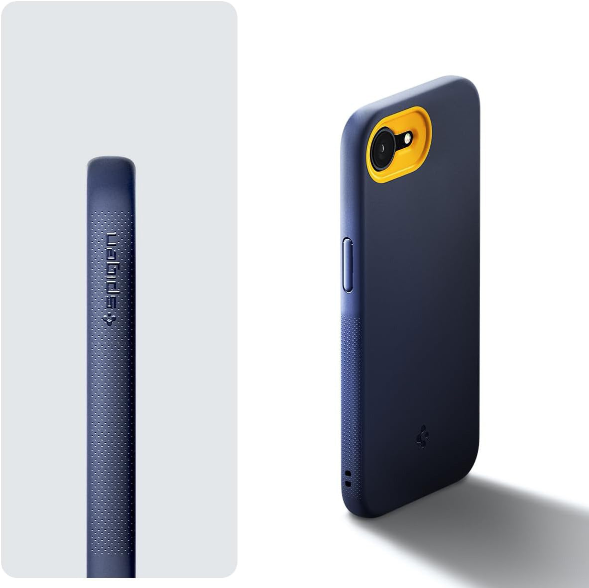 Handyhülle für iPhone 17e / 16e, Spigen Nano Pop Mag mit MagSafe, Dunkelblau und Gelb