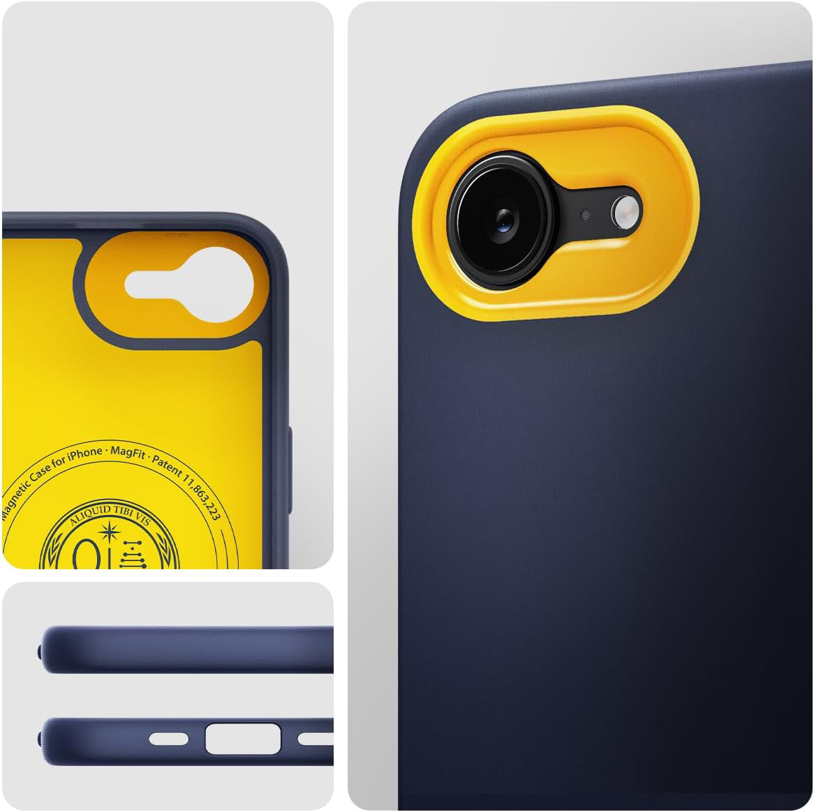 Handyhülle für iPhone 17e / 16e, Spigen Nano Pop Mag mit MagSafe, Dunkelblau und Gelb