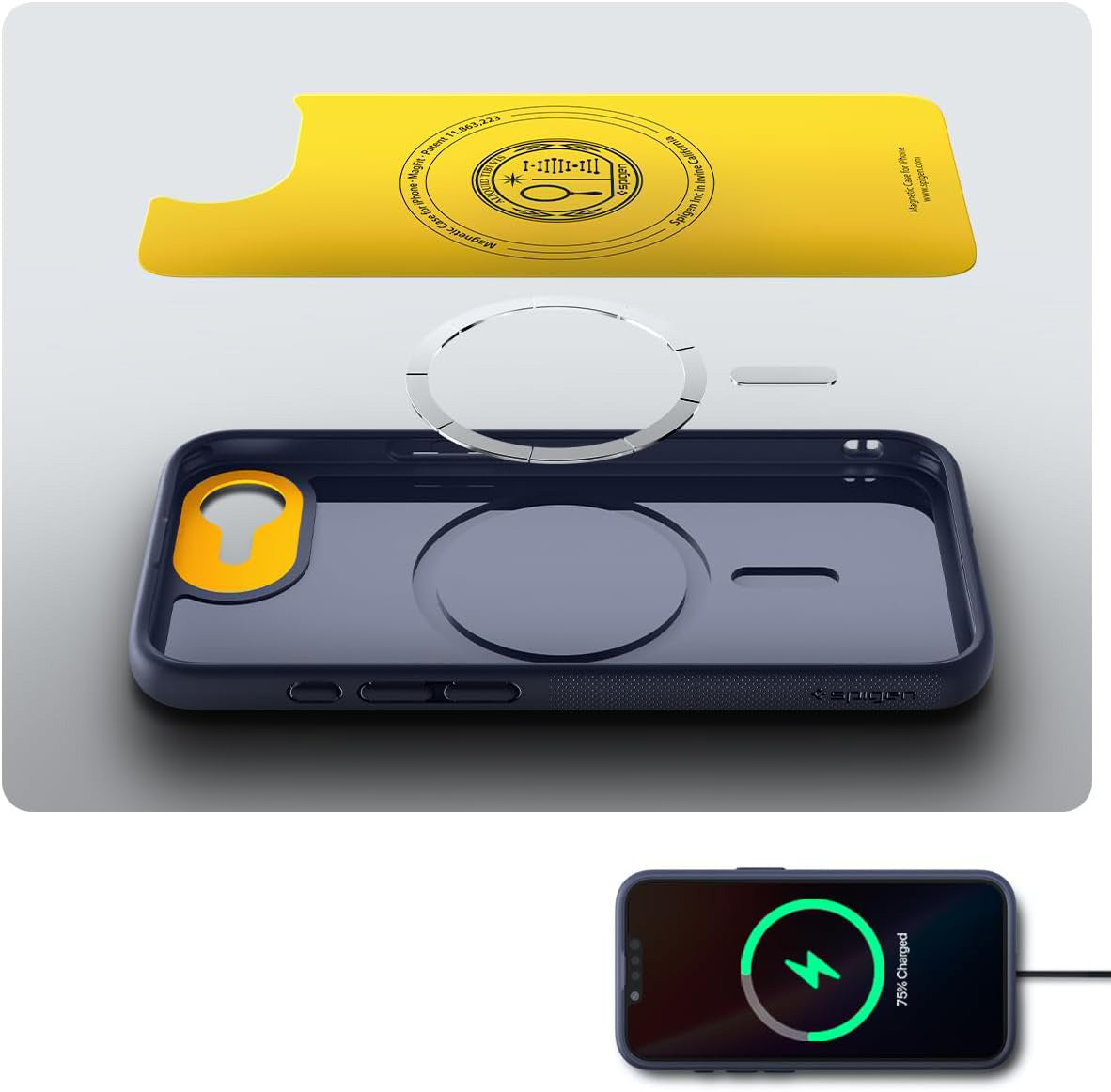 Handyhülle für iPhone 17e / 16e, Spigen Nano Pop Mag mit MagSafe, Dunkelblau und Gelb