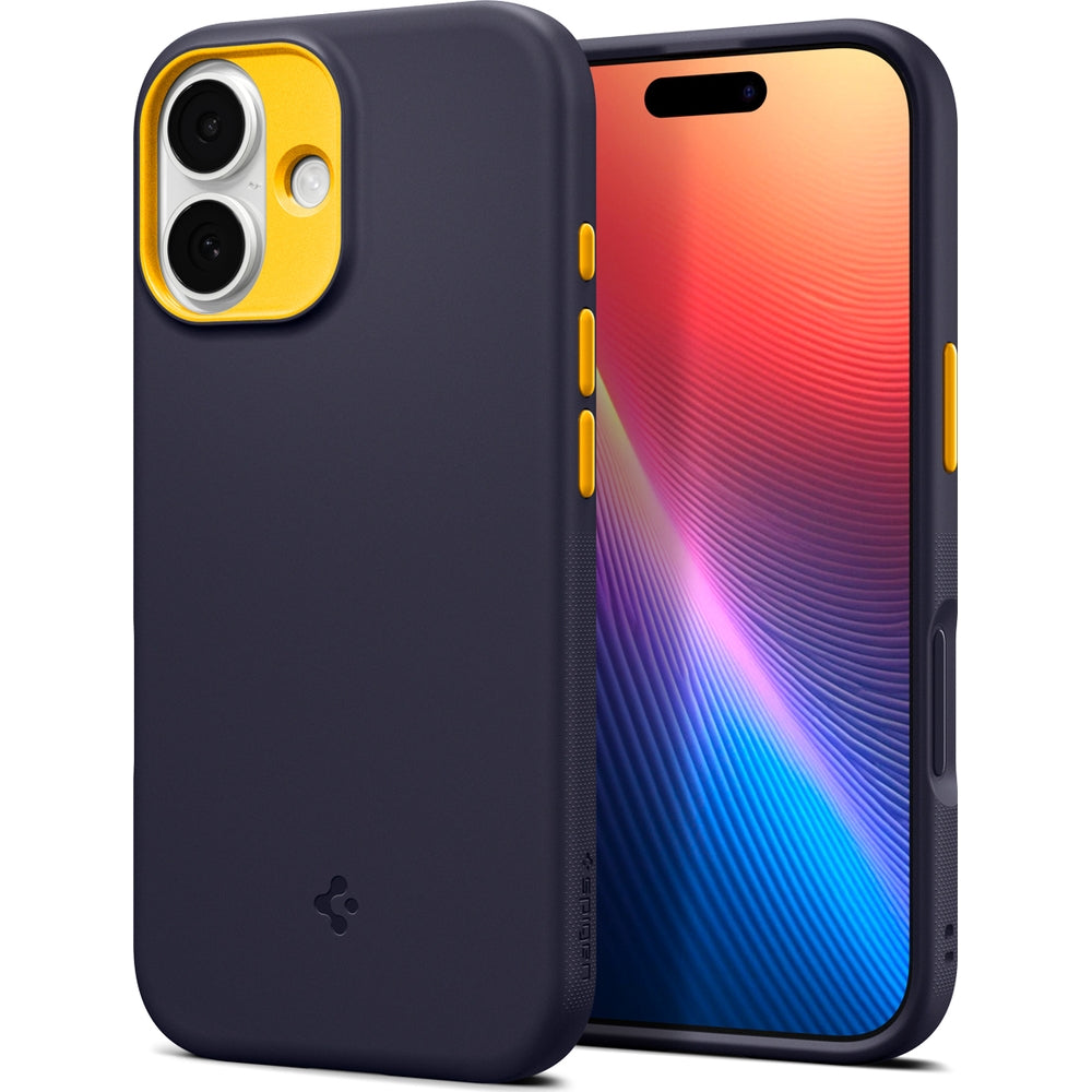 Handyhülle für iPhone 17, Spigen Nano Pop Mag mit MagSafe, Dunkelblau und Gelb