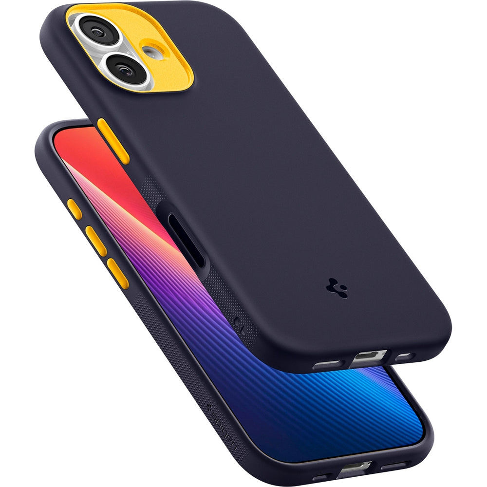 Handyhülle für iPhone 17, Spigen Nano Pop Mag mit MagSafe, Dunkelblau und Gelb