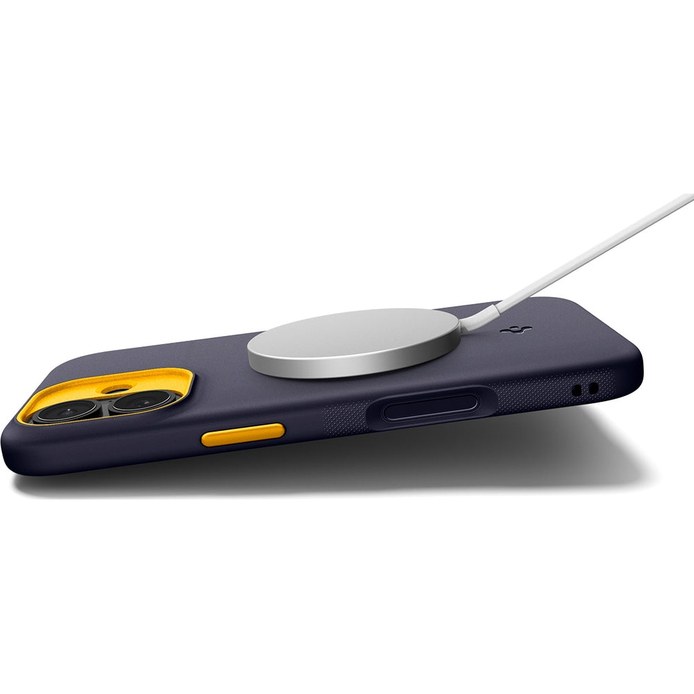 Handyhülle für iPhone 17, Spigen Nano Pop Mag mit MagSafe, Dunkelblau und Gelb