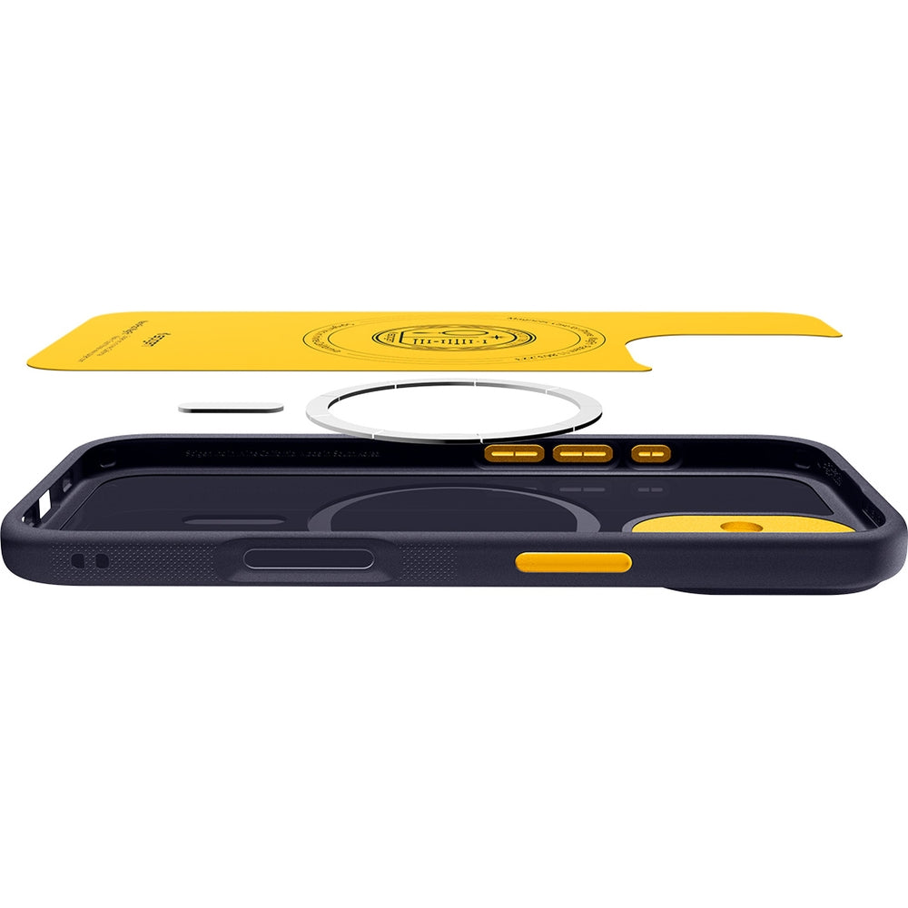Handyhülle für iPhone 17, Spigen Nano Pop Mag mit MagSafe, Dunkelblau und Gelb