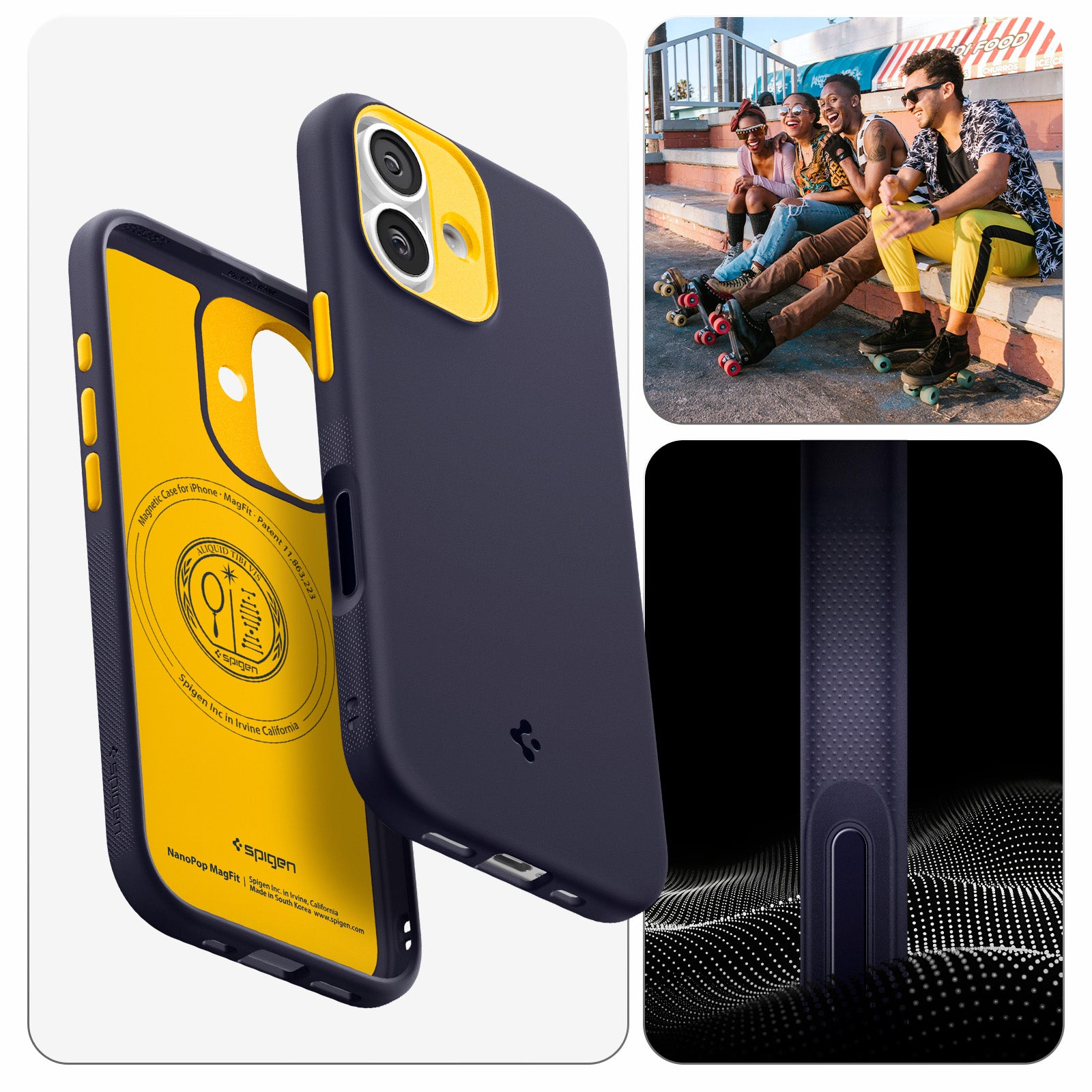Handyhülle für iPhone 17, Spigen Nano Pop Mag mit MagSafe, Dunkelblau und Gelb
