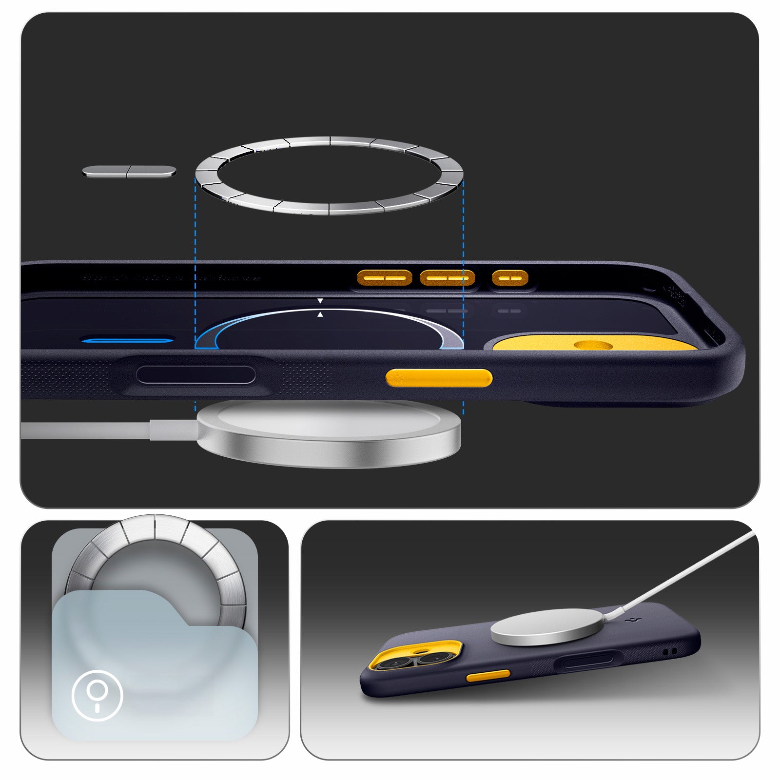 Handyhülle für iPhone 17, Spigen Nano Pop Mag mit MagSafe, Dunkelblau und Gelb