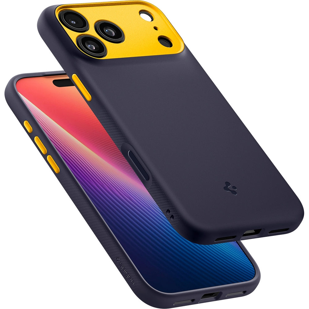Handyhülle für iPhone 17 Pro, Spigen Nano Pop Mag mit MagSafe, Dunkelblau und Gelb
