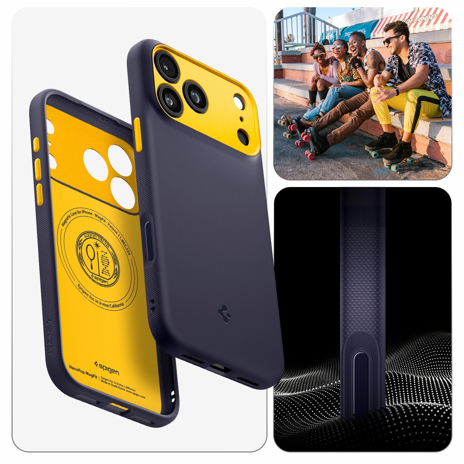 Handyhülle für iPhone 17 Pro Max, Spigen Nano Pop Mag mit MagSafe, Dunkelblau und Gelb
