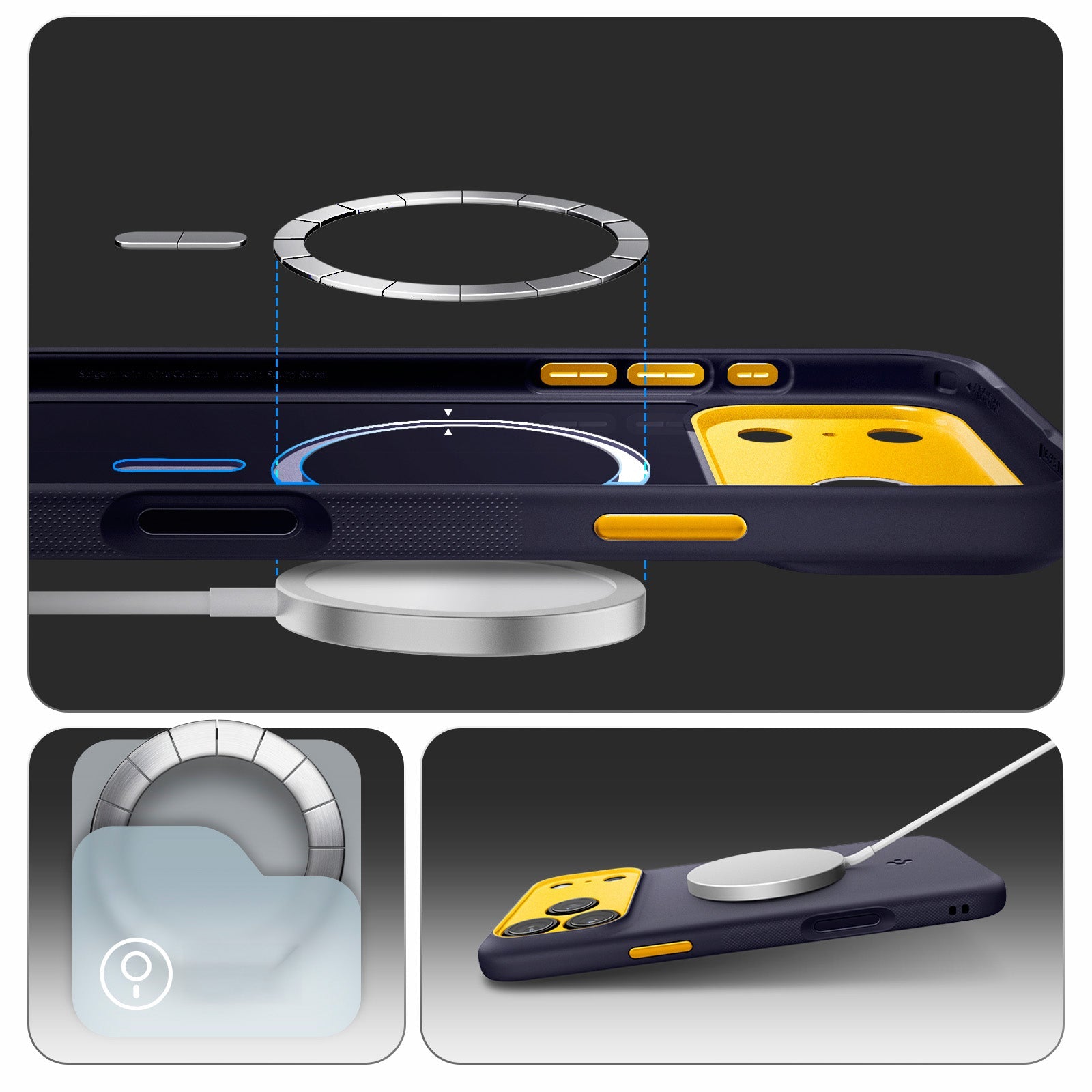 Handyhülle für iPhone 17 Pro Max, Spigen Nano Pop Mag mit MagSafe, Dunkelblau und Gelb