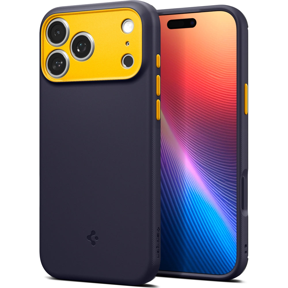 Handyhülle für iPhone 17 Pro Max, Spigen Nano Pop Mag mit MagSafe, Dunkelblau und Gelb