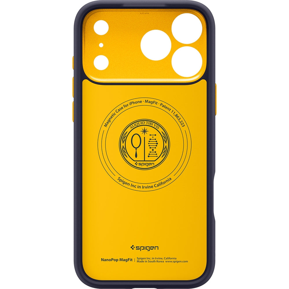 Handyhülle für iPhone 17 Pro Max, Spigen Nano Pop Mag mit MagSafe, Dunkelblau und Gelb
