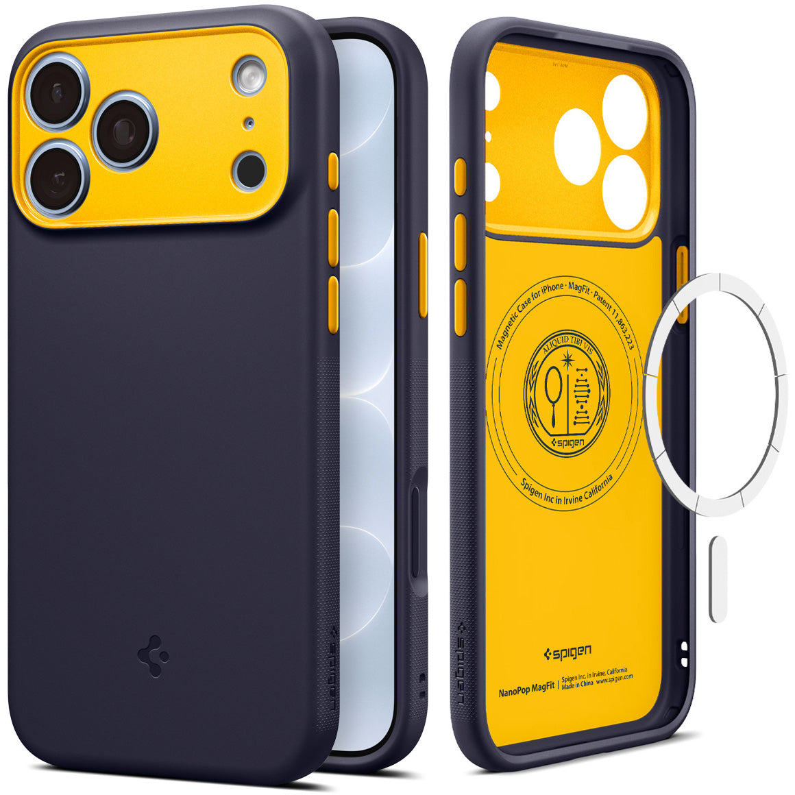 Handyhülle für iPhone 18 Pro Max, Spigen Nano Pop Mag mit MagSafe, Dunkelblau-Gelb (1/9)