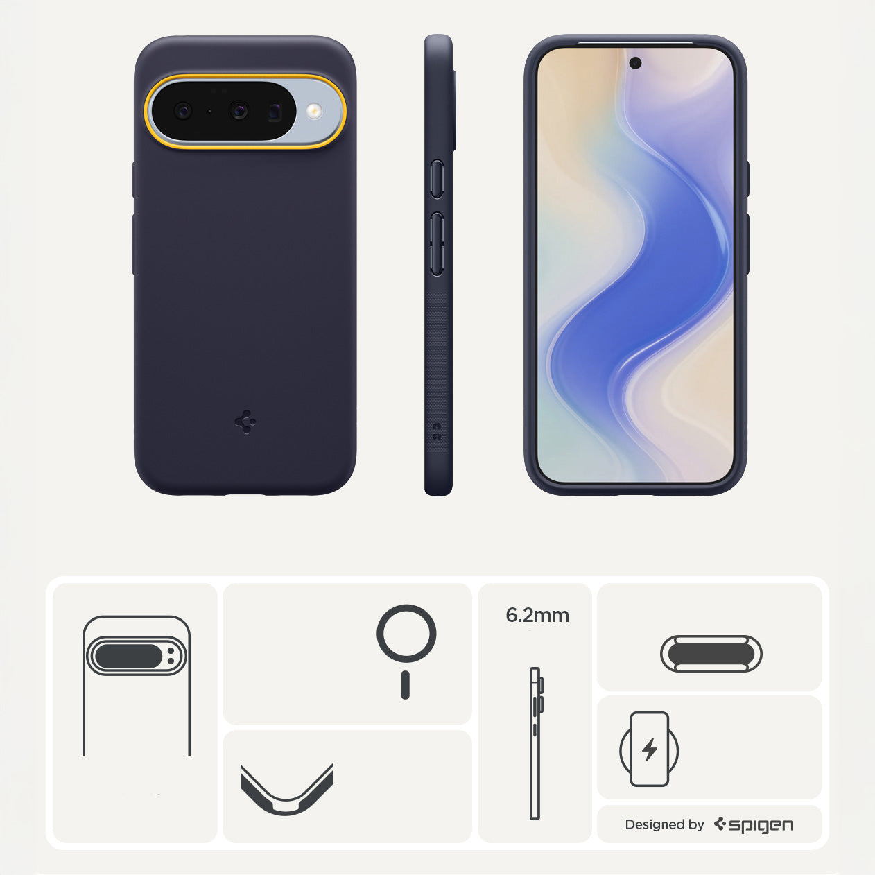 Handyhülle für Google Pixel 10 Pro / Pixel 10, Spigen Nano Pop Mag mit MagSafe, Dunkelblau und Gelb
