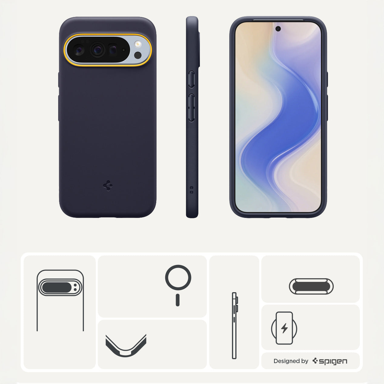Handyhülle für Google Pixel 10 Pro XL, Spigen Nano Pop Mag mit MagSafe, Dunkelblau und Gelb