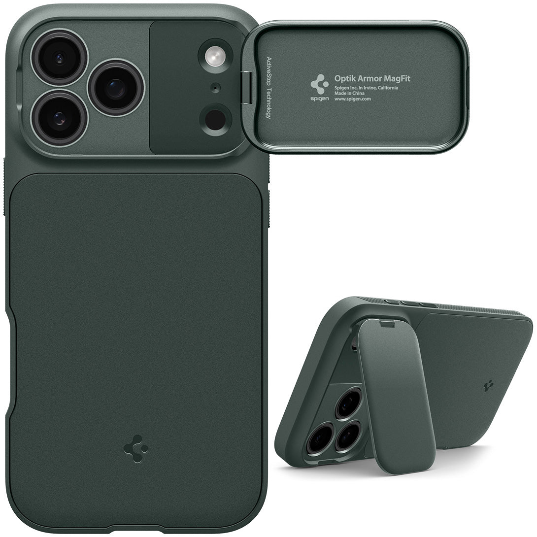 Handyhülle für iPhone 17 Pro, Spigen Optik Armor Mag mit MagSafe, Grün