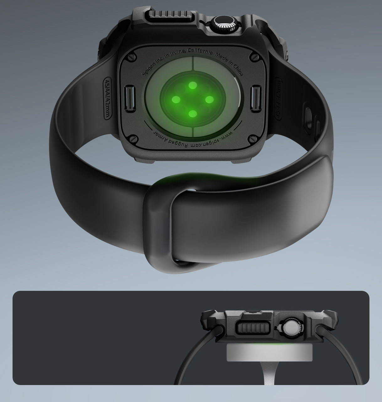 Schutzhülle für Apple Watch 11 / 10 42 mm, Spigen Rugged Armor 2, Schwarz