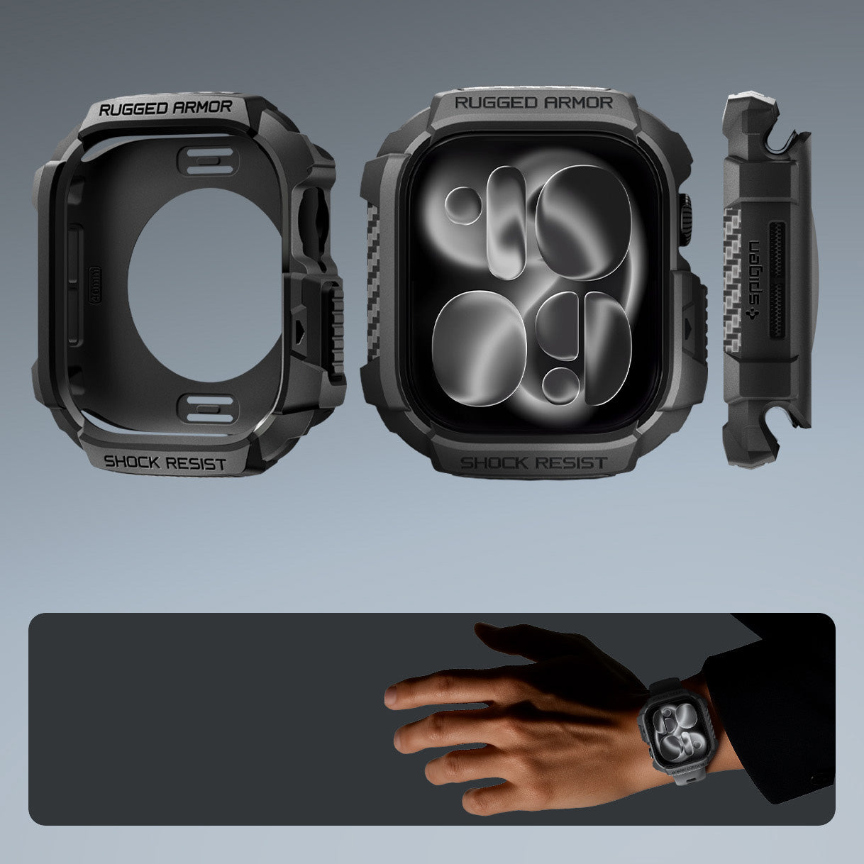 Schutzhülle für Apple Watch 11 / 10 46 mm, Spigen Rugged Armor 2, Schwarz