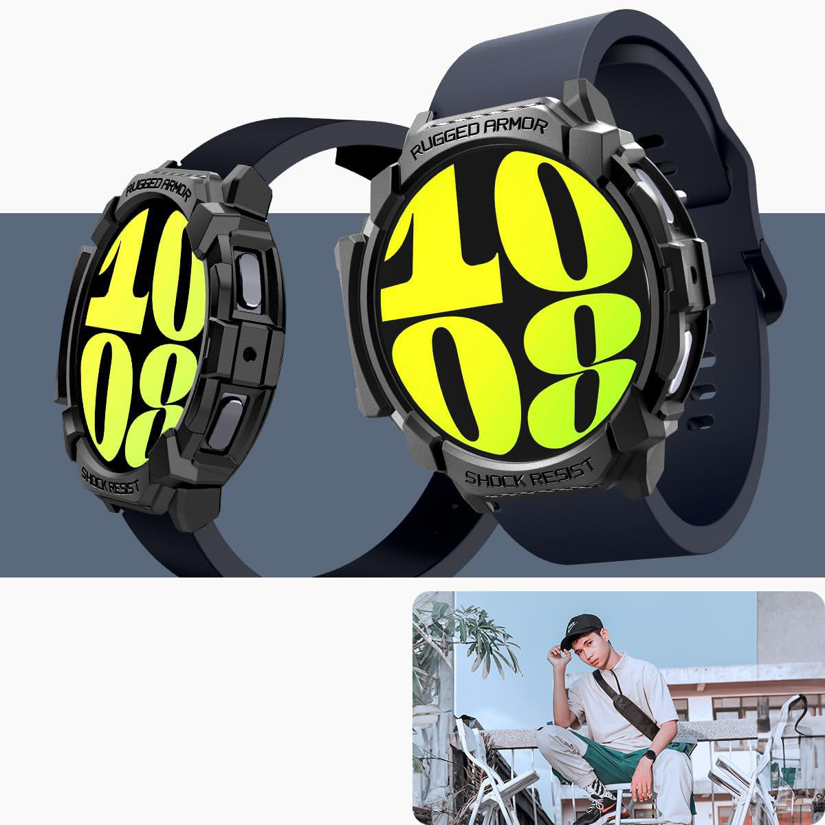Schutzhülle für Galaxy Watch 7 44mm, Spigen Rugged Armor, Schwarz