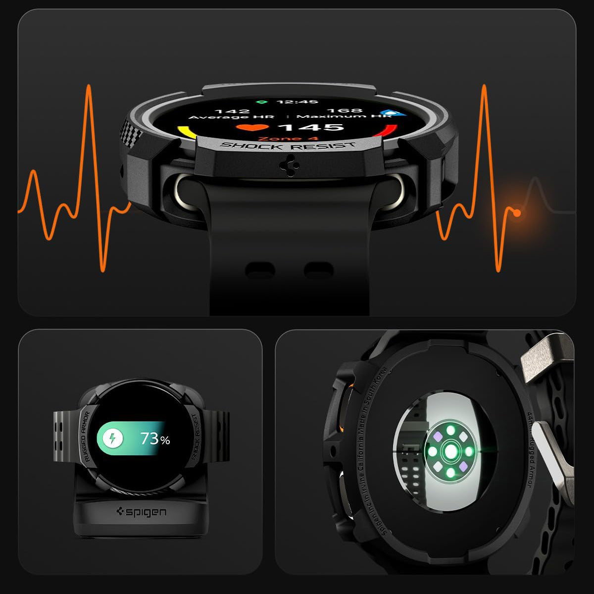 Hülle für Galaxy Watch 8 44 mm, Spigen Rugged Armor, Schwarz