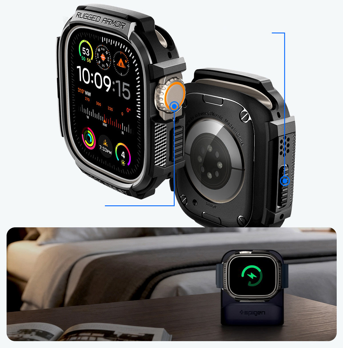 Schutzhülle + Glas für Apple Watch Ultra 3 / 2 / 1 49 mm, Spigen Rugged Armor SP, Schwarz