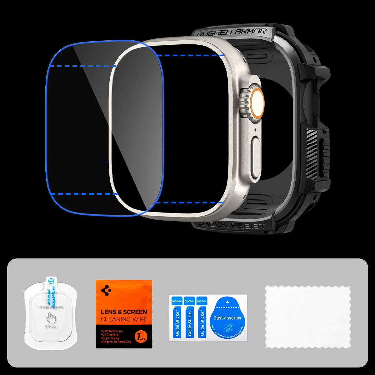 Schutzhülle + Glas für Apple Watch Ultra 3 / 2 / 1 49 mm, Spigen Rugged Armor SP, Schwarz