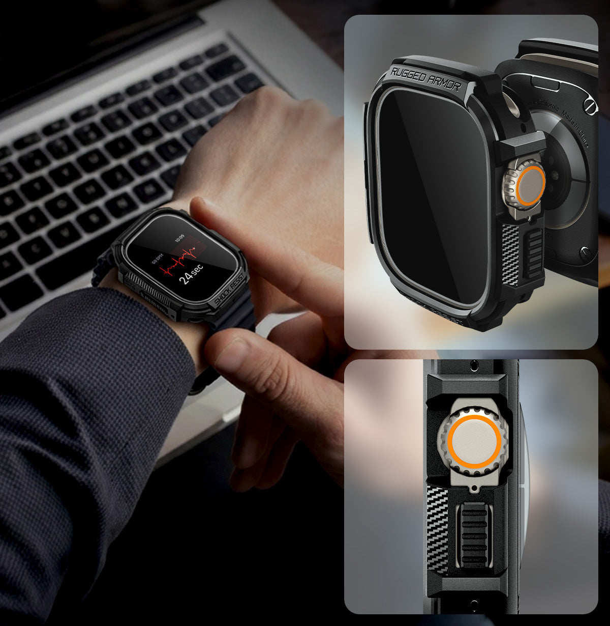 Schutzhülle + Glas für Apple Watch Ultra 3 / 2 / 1 49 mm, Spigen Rugged Armor SP, Schwarz