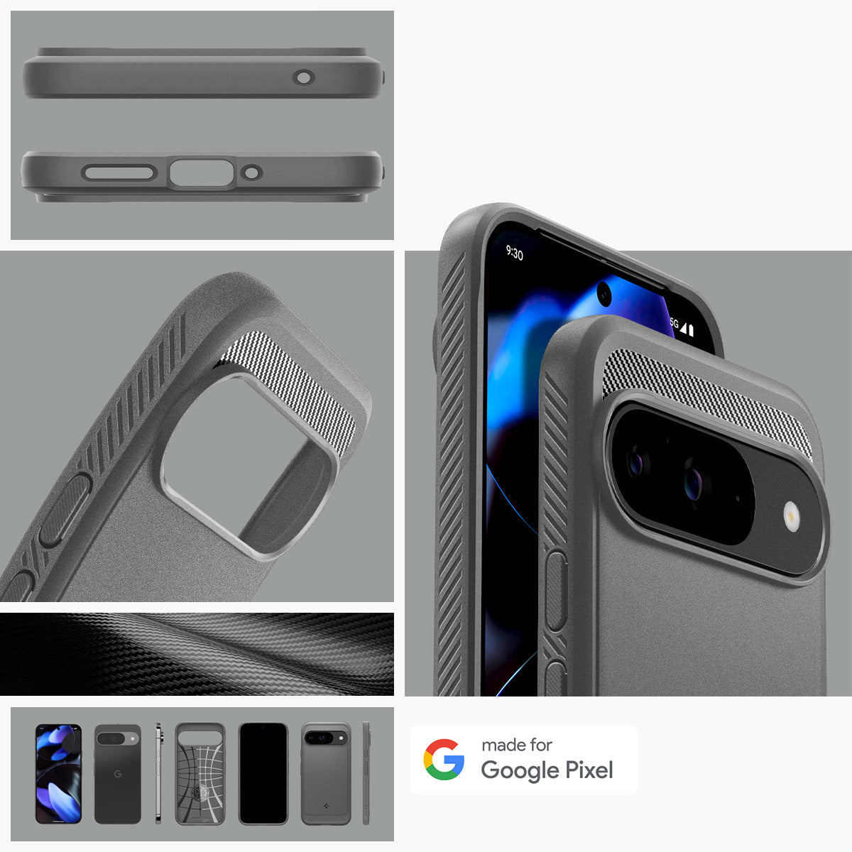 Schutzhülle für Google Pixel 9 / 9 Pro, Spigen Rugged Armor, Grau