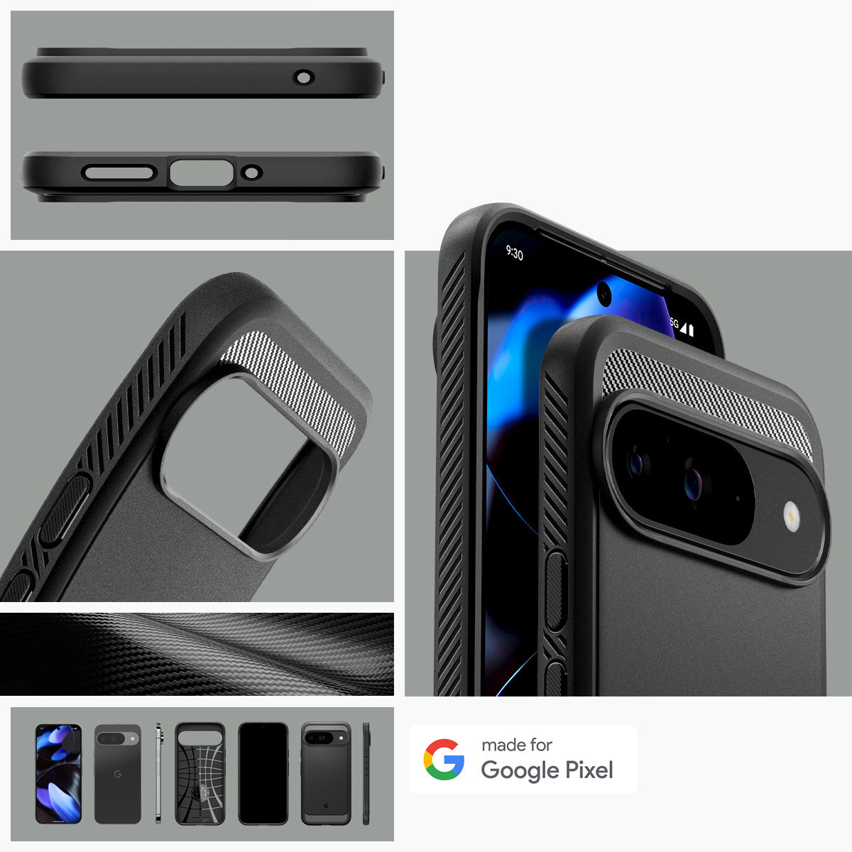 Schutzhülle für Google Pixel 9 / 9 Pro, Spigen Rugged Armor, Schwarz