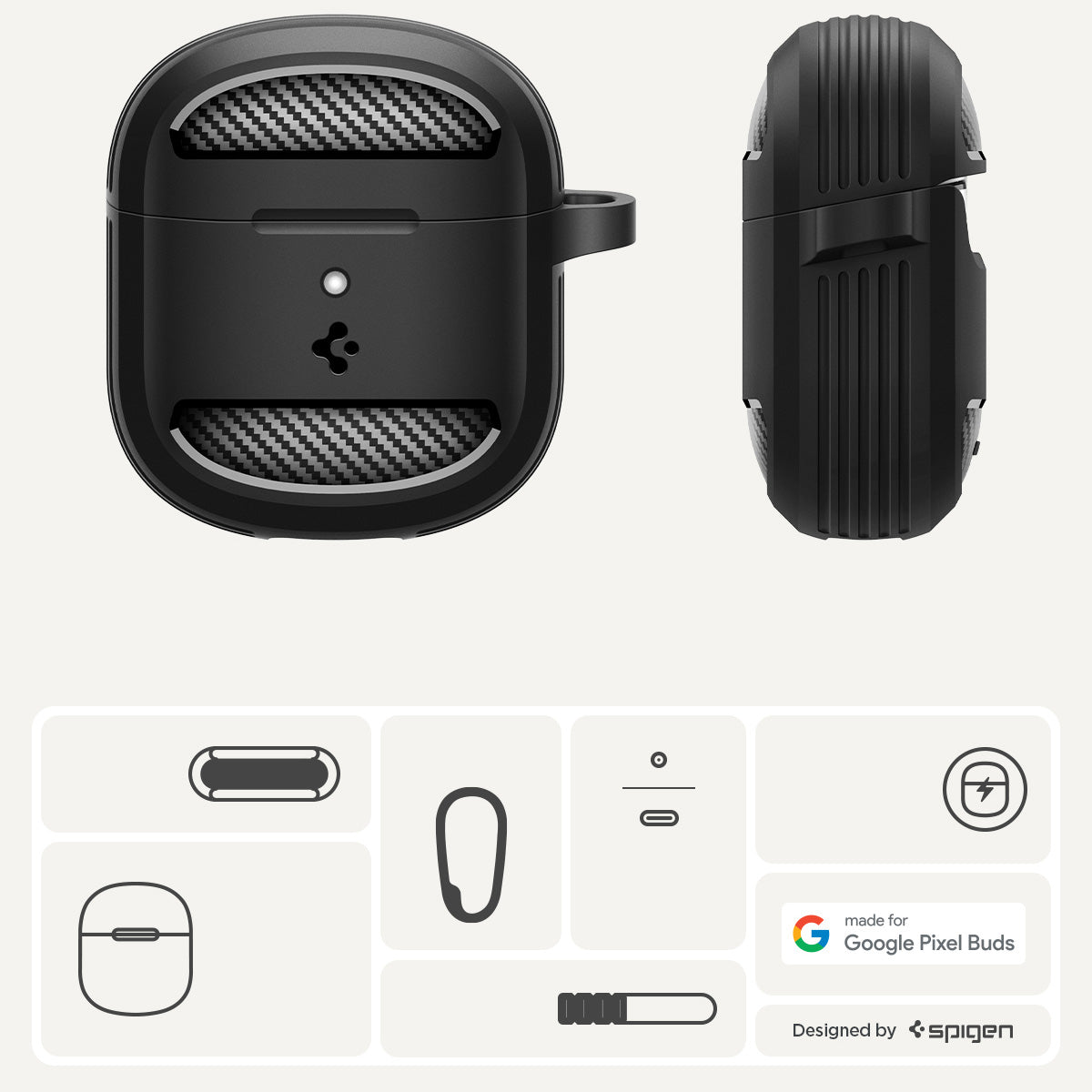 Hülle für Google Pixel Buds 2a, Spigen Rugged Armor, Schwarz