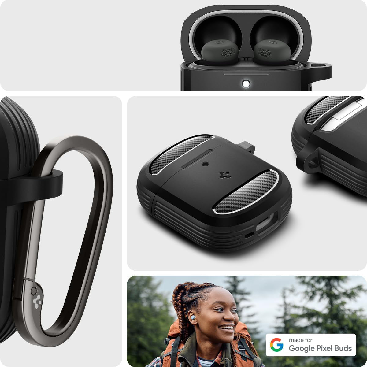 Schutzhülle für Pixel Buds Pro 2 / Pro, Spigen Rugged Armor, Schwarz