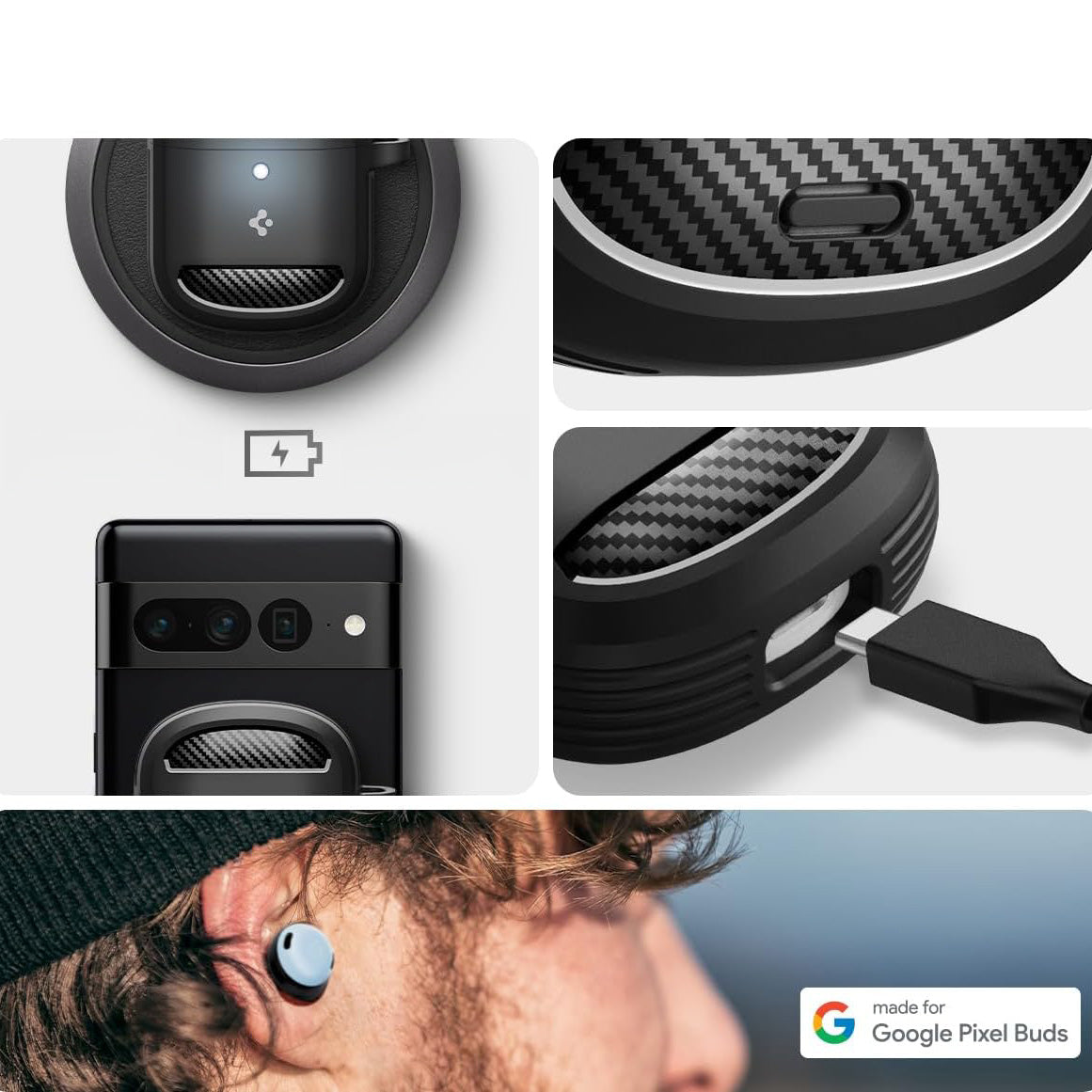 Schutzhülle für Pixel Buds Pro 2 / Pro, Spigen Rugged Armor, Schwarz