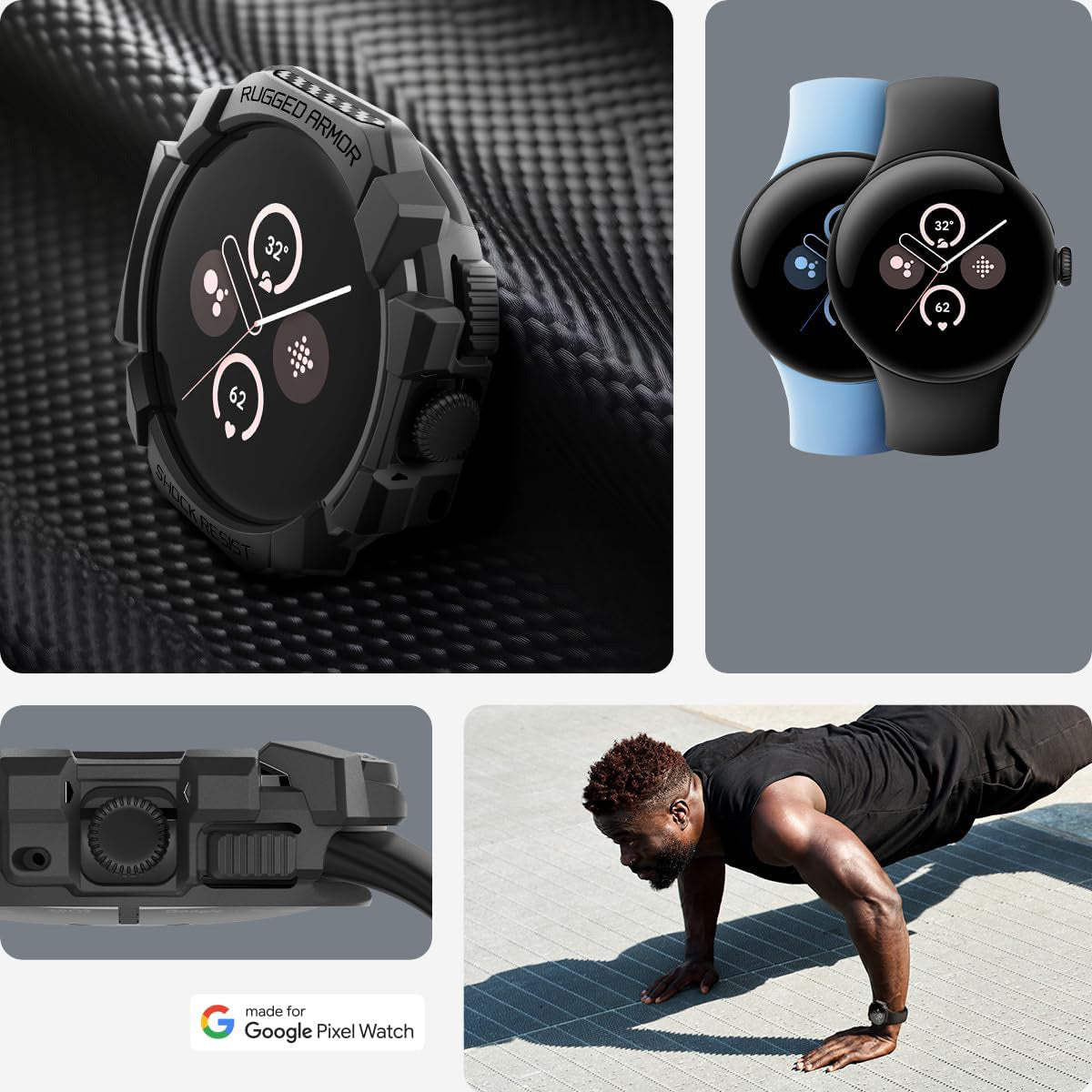 Schutzhülle für Google Pixel Watch 3 / 2 / 1 (41mm), Spigen Rugged Armor, Schwarz