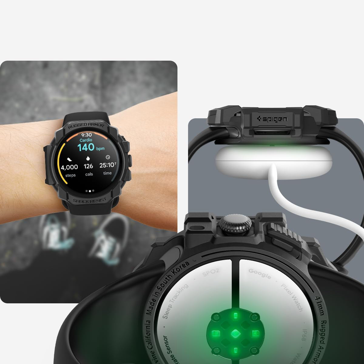 Schutzhülle für Google Pixel Watch 3 / 2 / 1 (41mm), Spigen Rugged Armor, Schwarz