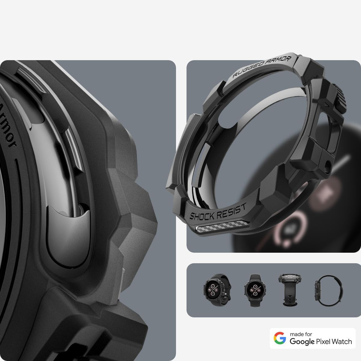 Schutzhülle für Google Pixel Watch 3 / 2 / 1 (41mm), Spigen Rugged Armor, Schwarz