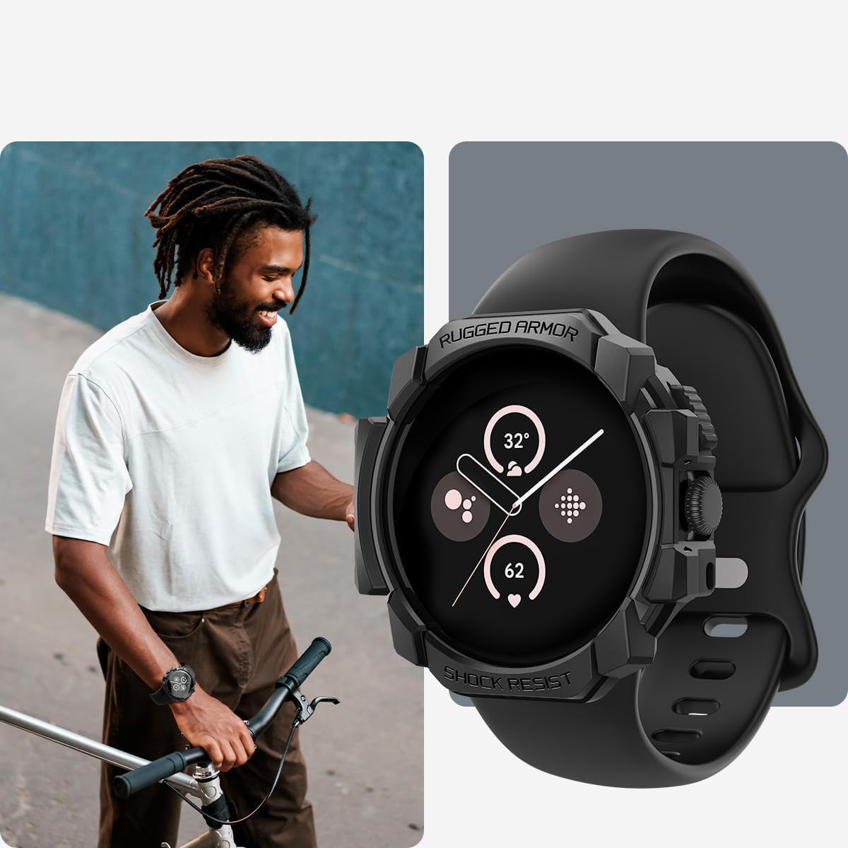 Schutzhülle für Google Pixel Watch 3 / 2 / 1 (41mm), Spigen Rugged Armor, Schwarz