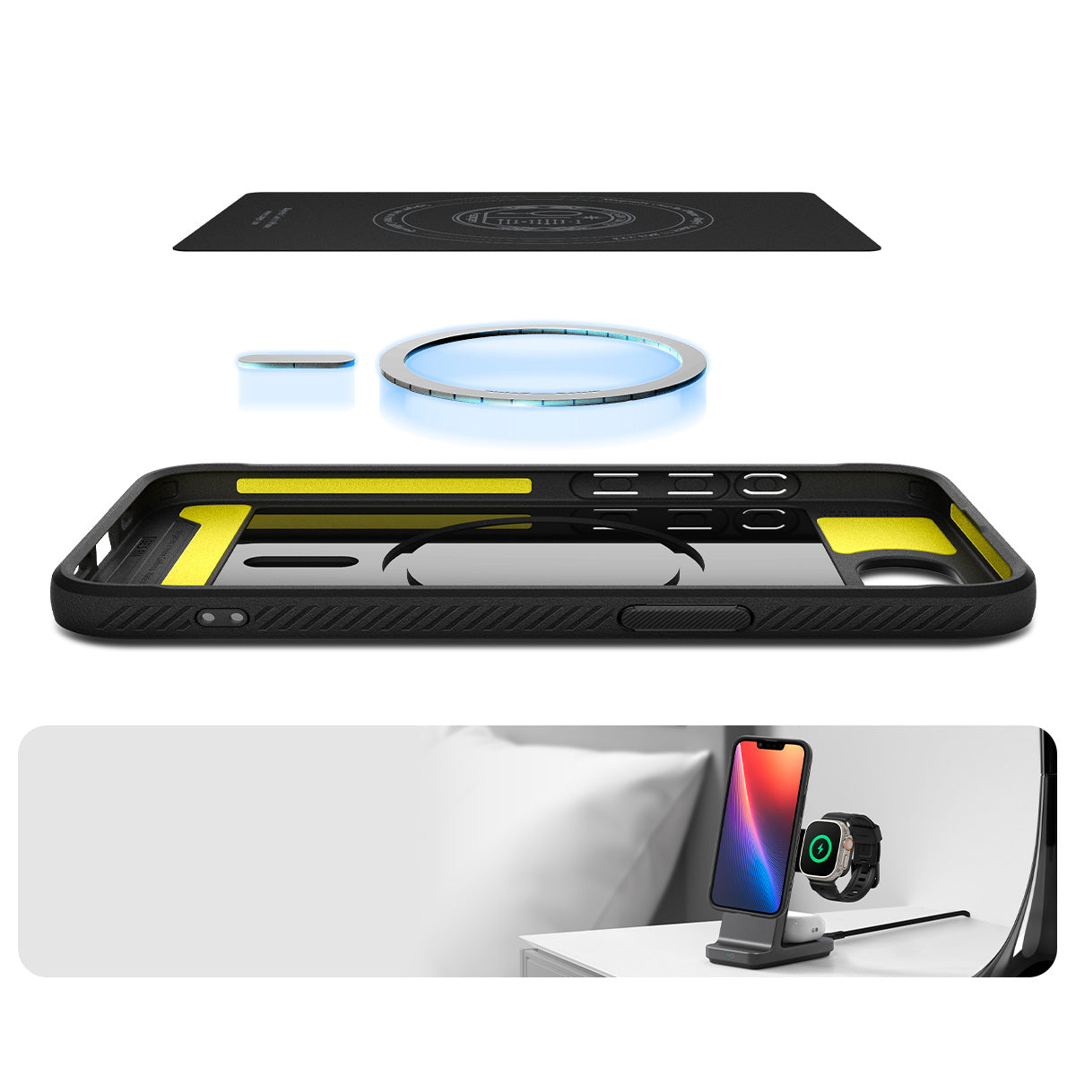 Handyhülle für iPhone 17e / 16e, Spigen Rugged Armor Mag mit MagSafe, Schwarz