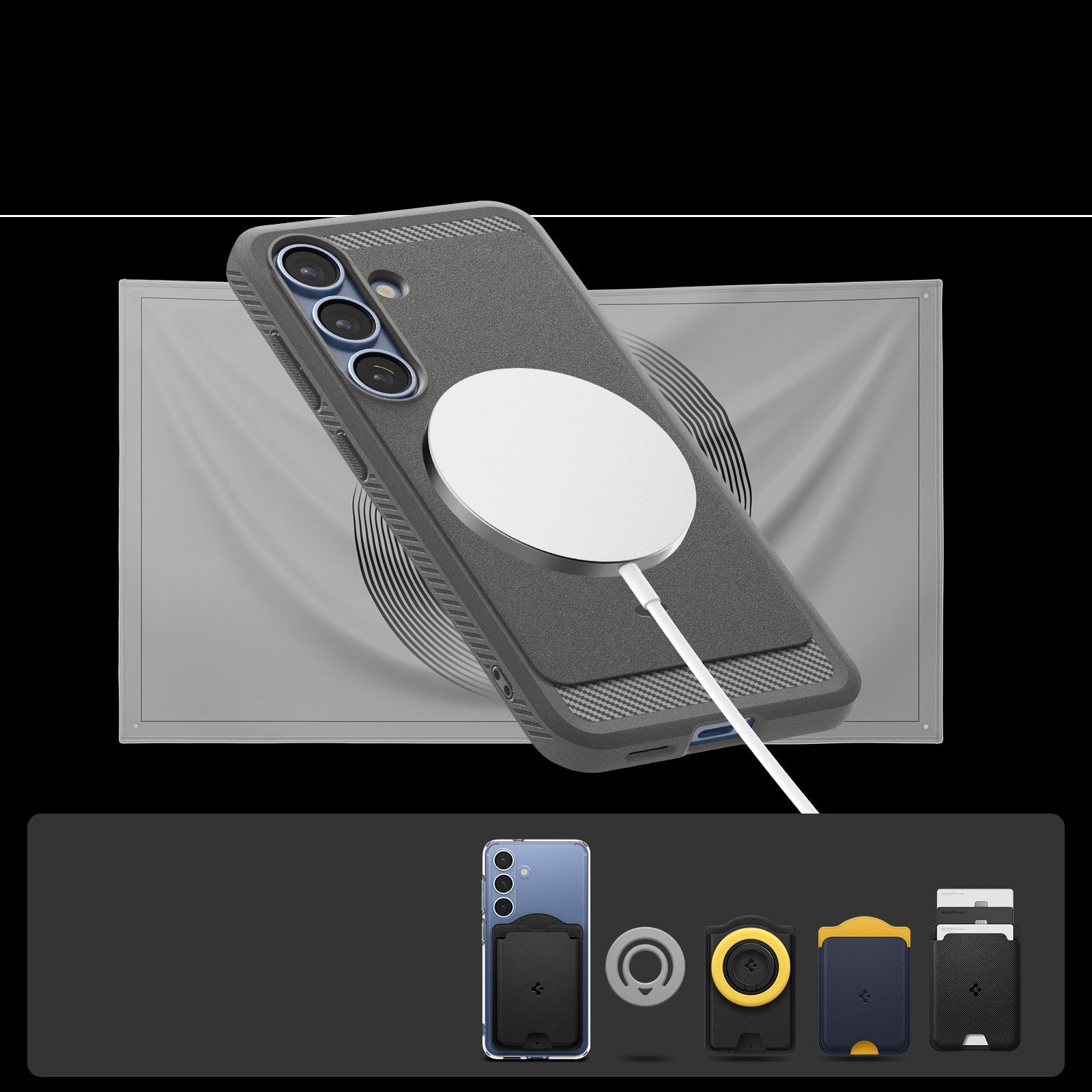 Handyhülle für Galaxy S25, Spigen Rugged Armor Mag mit MagSafe, Grau