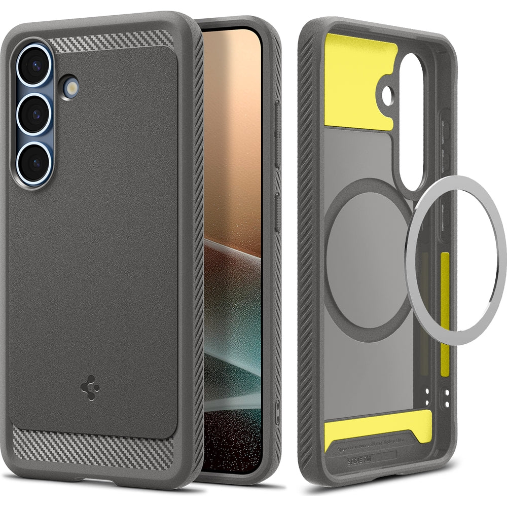 Handyhülle für Galaxy S25, Spigen Rugged Armor Mag mit MagSafe, Grau