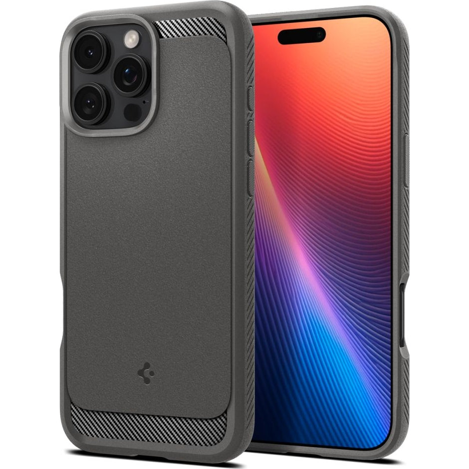 Handyhülle für iPhone 16 Pro, Spigen Rugged Armor Mag mit MagSafe, Grau