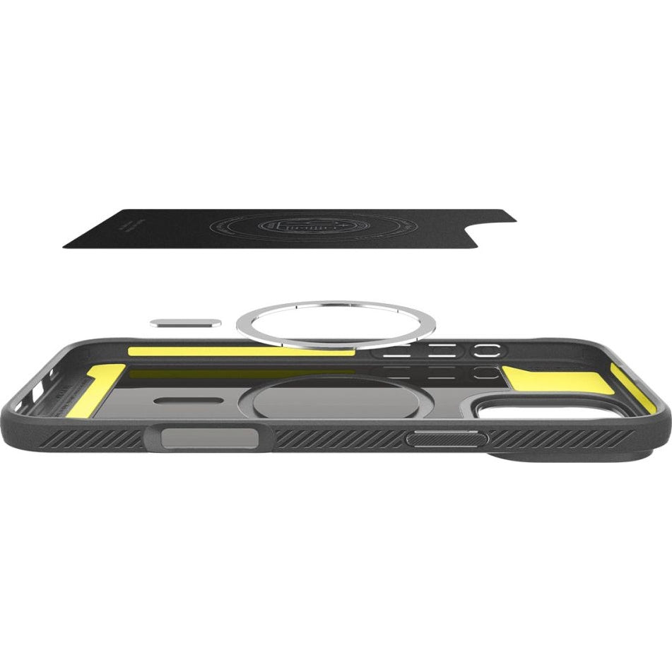 Handyhülle für iPhone 16 Pro, Spigen Rugged Armor Mag mit MagSafe, Grau