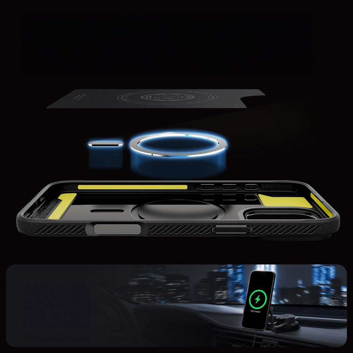 Handyhülle für iPhone 16 Pro, Spigen Rugged Armor Mag mit MagSafe, Grau