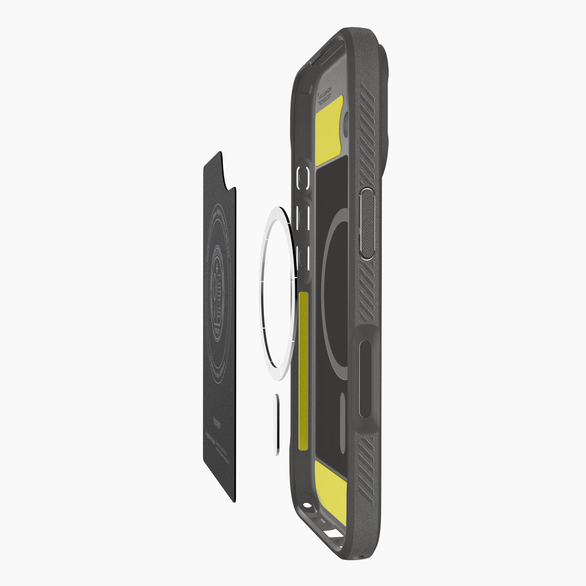 Handyhülle für iPhone 17, Spigen Rugged Armor Mag mit MagSafe, Grau