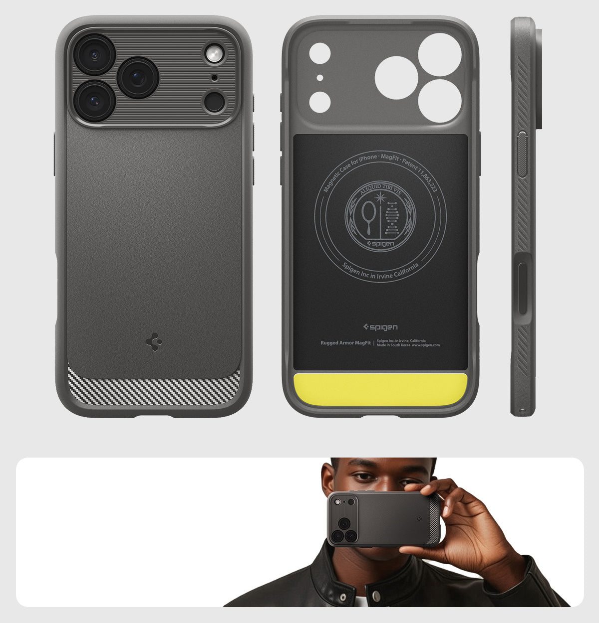 Handyhülle für iPhone 17 Pro, Spigen Rugged Armor Mag mit MagSafe, Grau