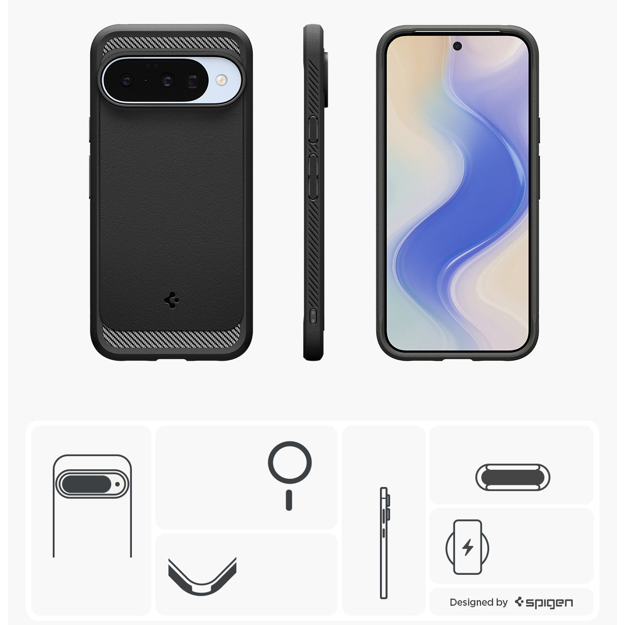 Handyhülle für Google Pixel 10 Pro / Pixel 10, Spigen Rugged Armor Mag mit MagSafe, Schwarz