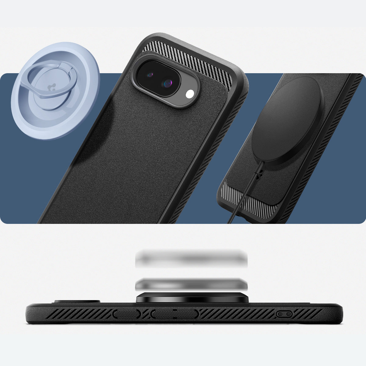Handyhülle für Google Pixel 9a, Spigen Rugged Armor Mag mit MagSafe, Schwarz
