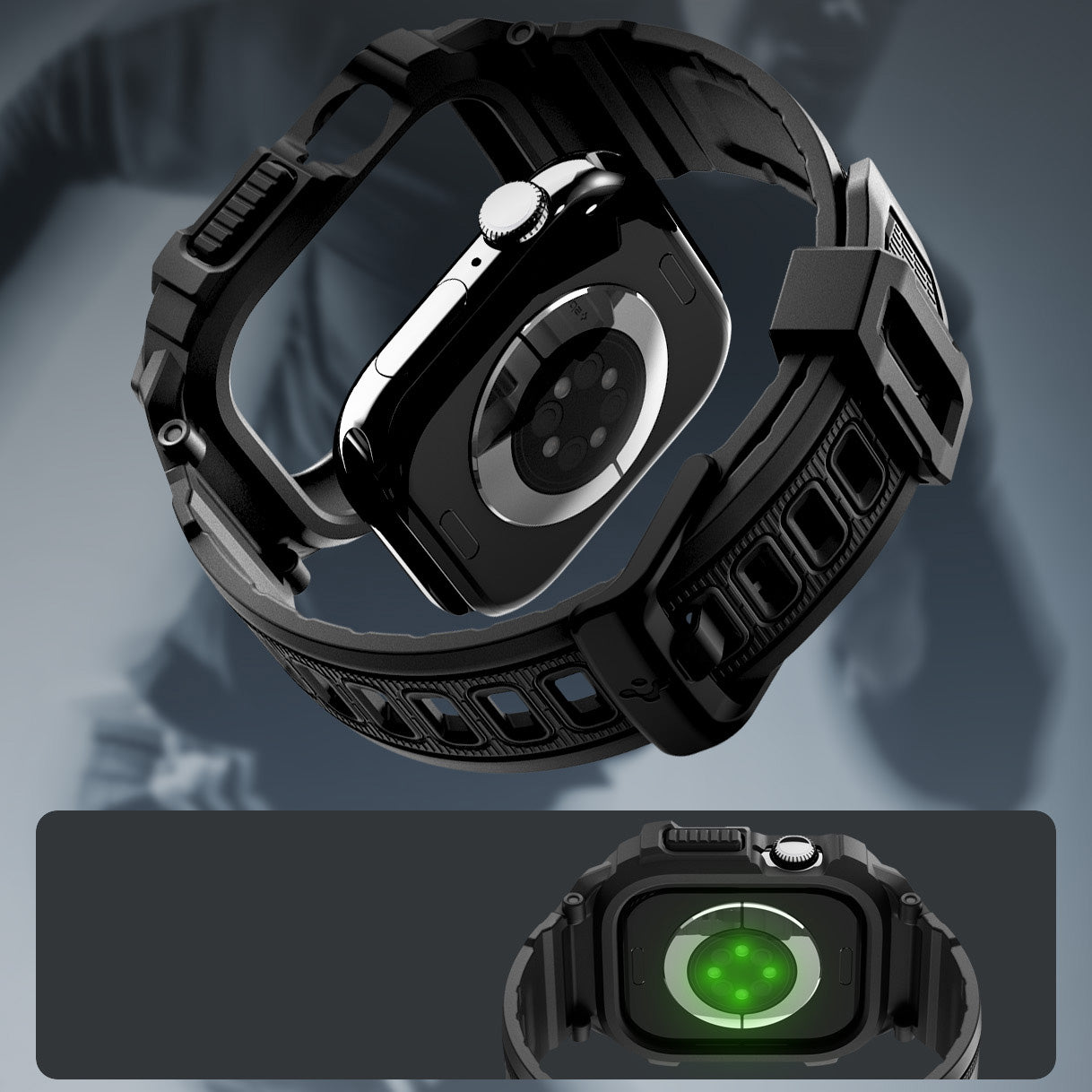 Schutzhülle mit Armband für Apple Watch 11 / 10 42 mm, Spigen Rugged Armor Pro 2, Schwarz