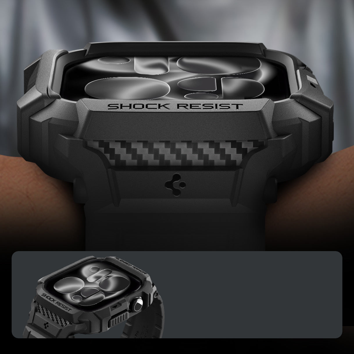 Schutzhülle mit Armband für Apple Watch 11 / 10 42 mm, Spigen Rugged Armor Pro 2, Schwarz
