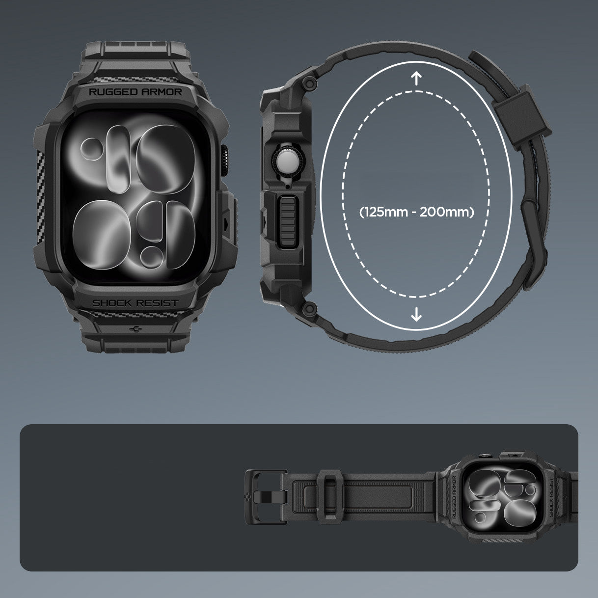 Schutzhülle mit Armband für Apple Watch 11 / 10 42 mm, Spigen Rugged Armor Pro 2, Schwarz